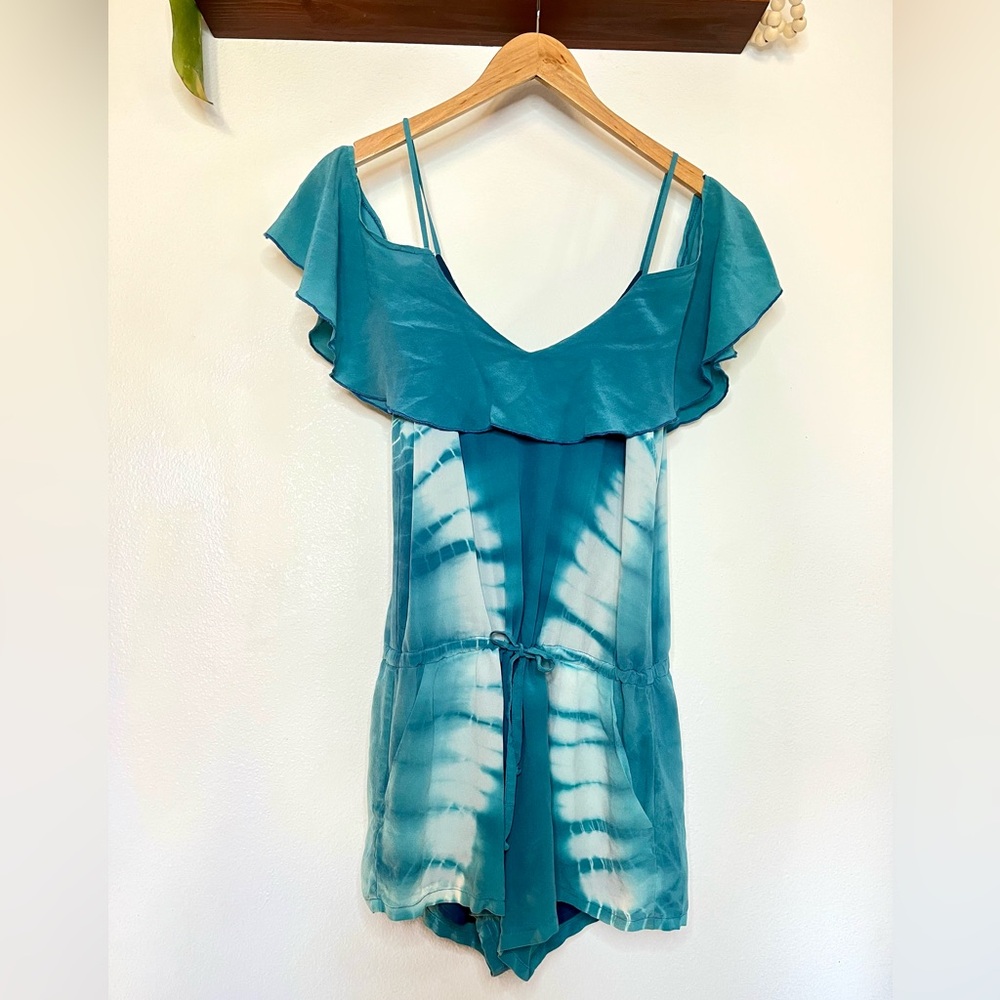 100% Silk Tie-Dye Romper – Chal Sador Boho Off-Shoulder – Size S
